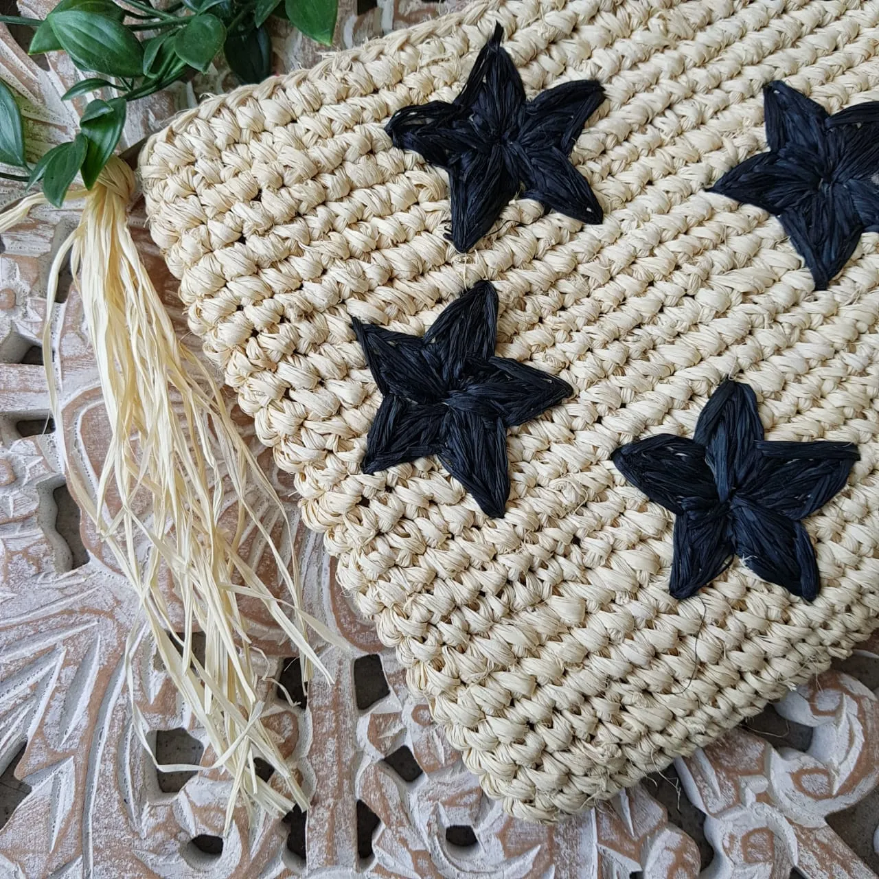 Natural Woven Straw Grass Clutch With Black Stars