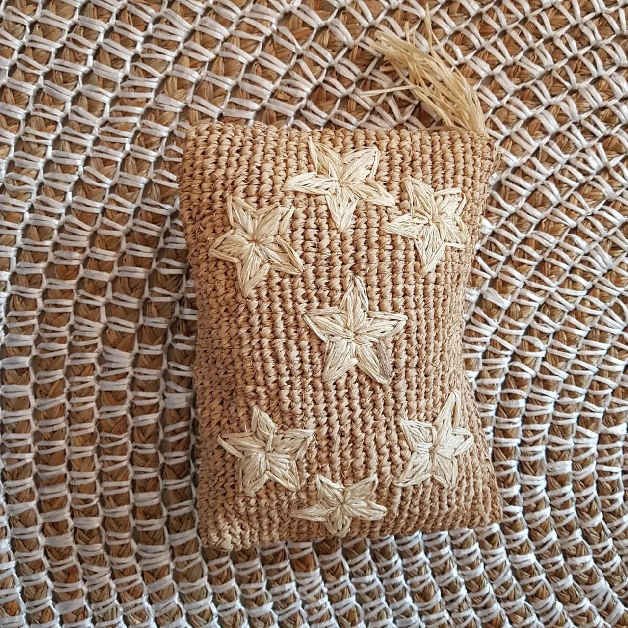 Natural Woven Straw Grass Clutch With Black Stars