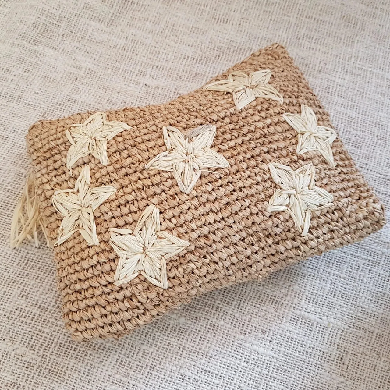 Natural Woven Straw Grass Clutch With Black Stars