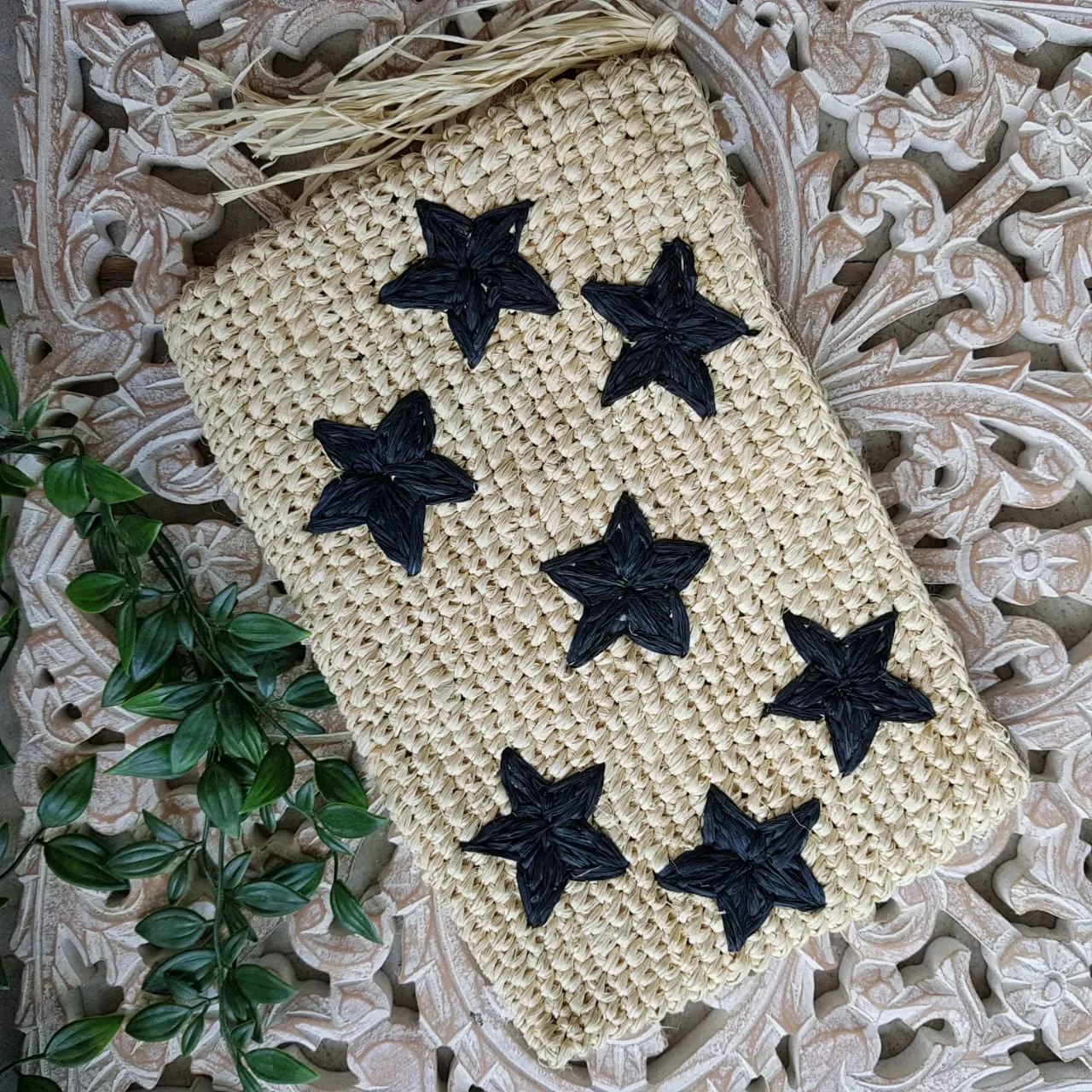 Natural Woven Straw Grass Clutch With Black Stars