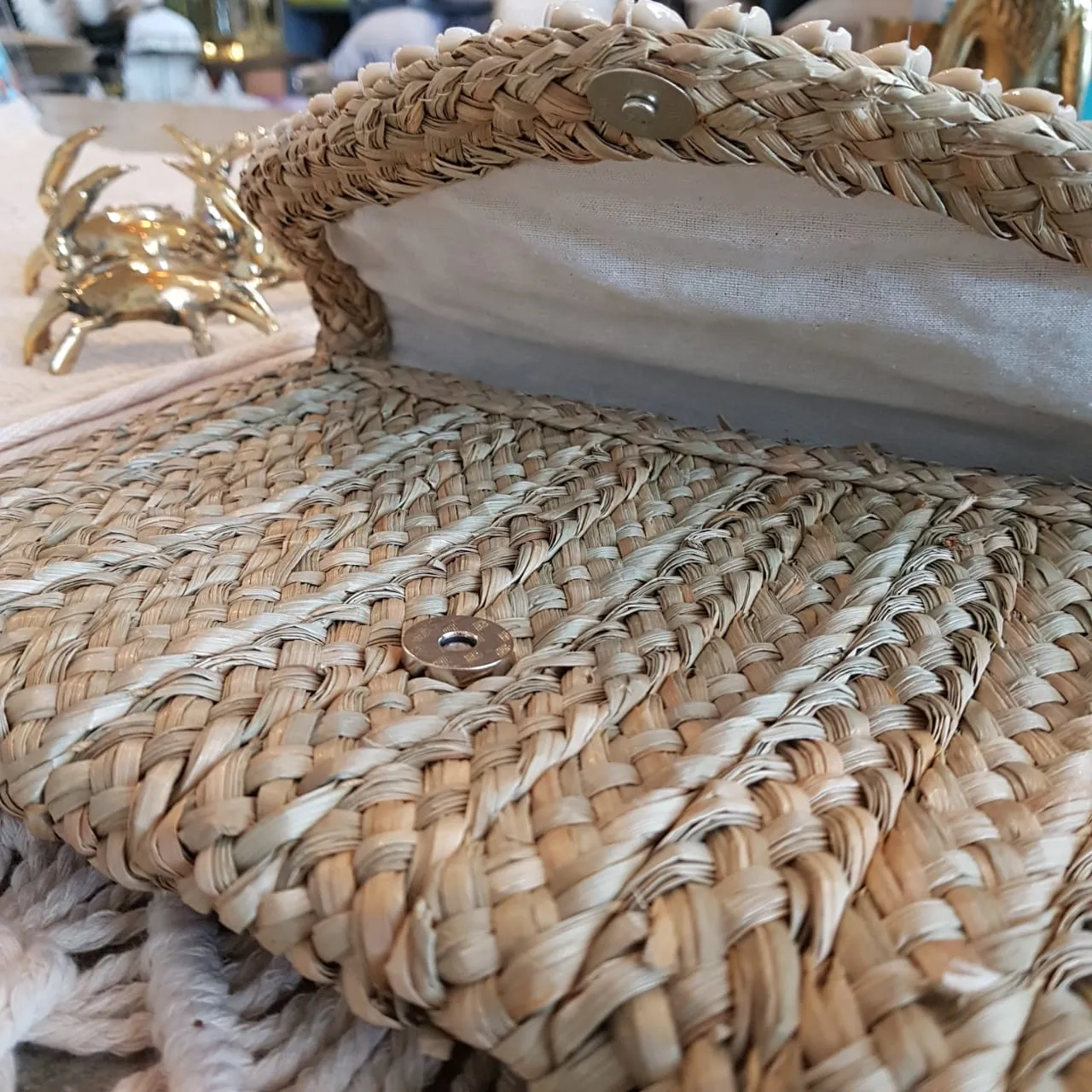 Natural Woven Straw Grass Fold Clutch With Shells