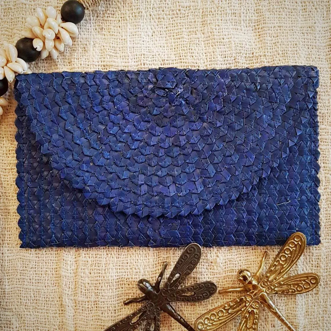 Navy Blue Woven Pandan Leaf Fold Clutch