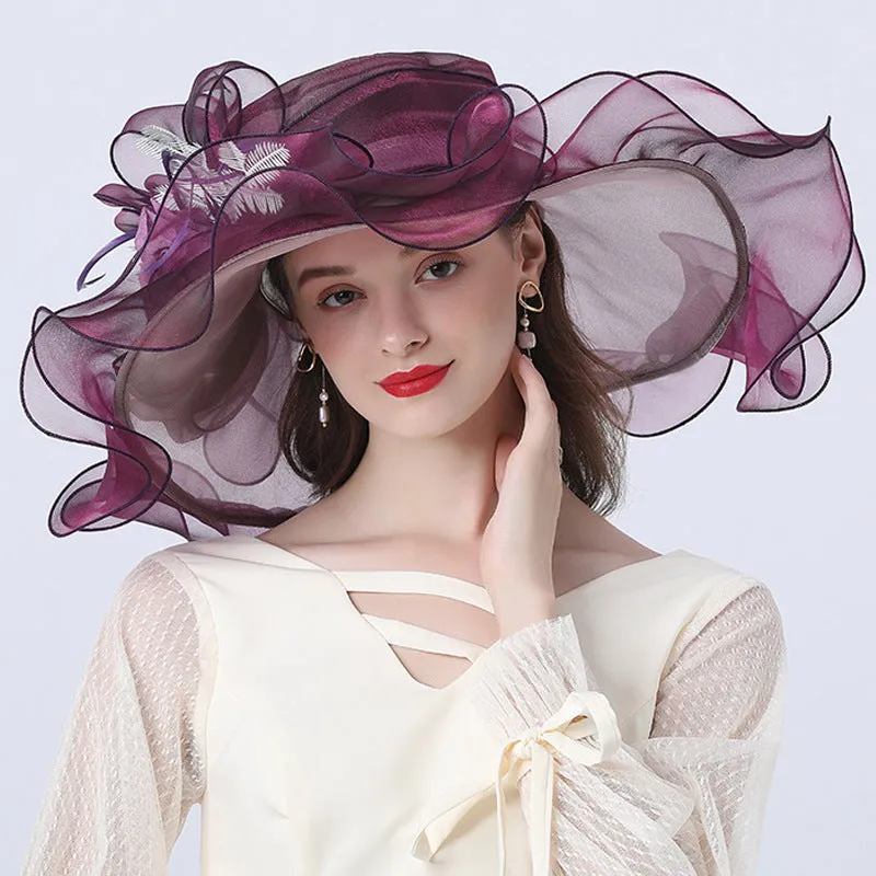 Organza Derby Wide Brim Wedding Bride Hat with Exquisite Flower Details