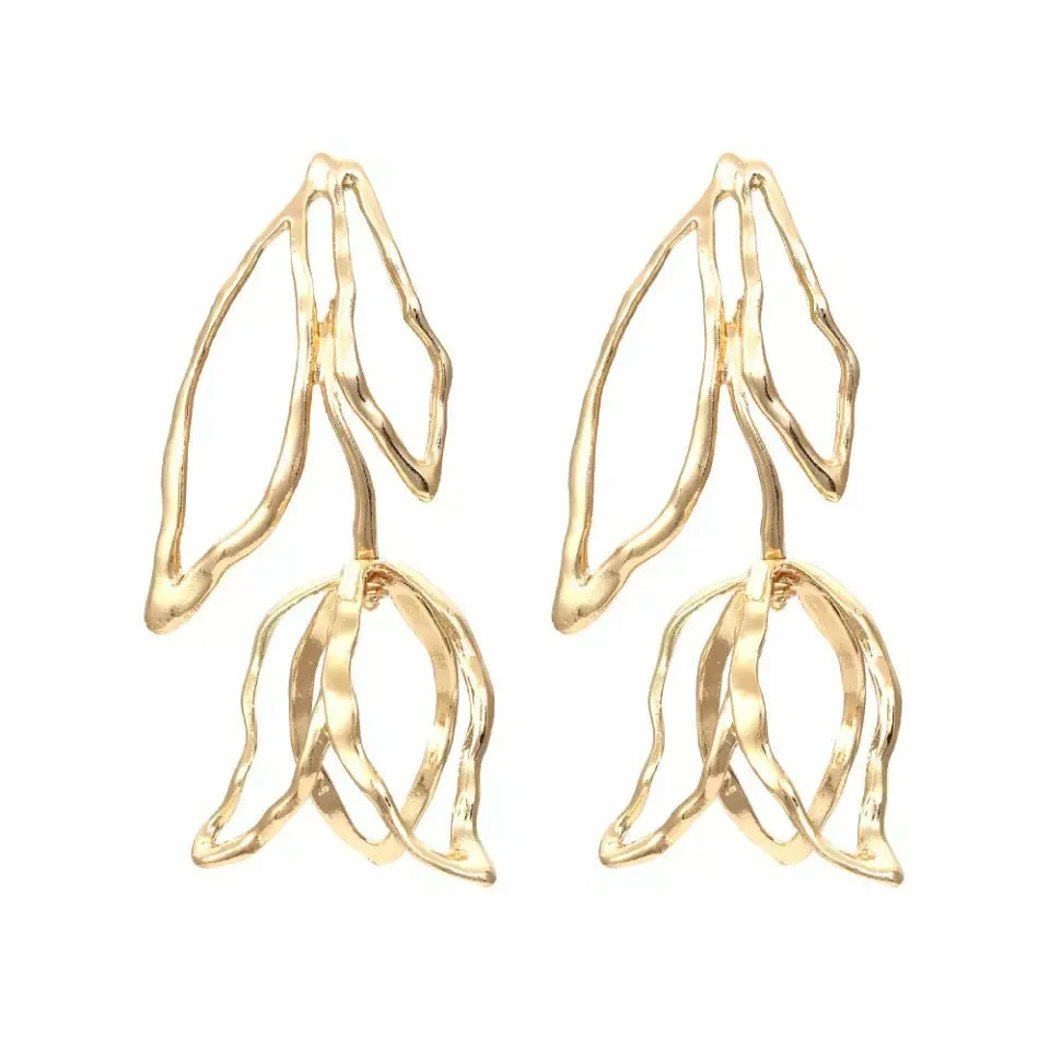 Rose Leaf Exaggerated Drop Gold Earrings