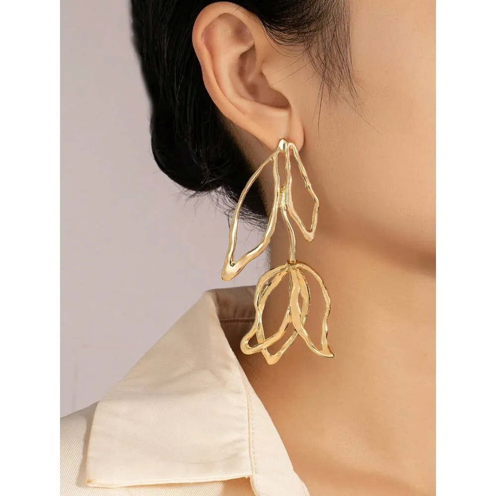 Rose Leaf Exaggerated Drop Gold Earrings