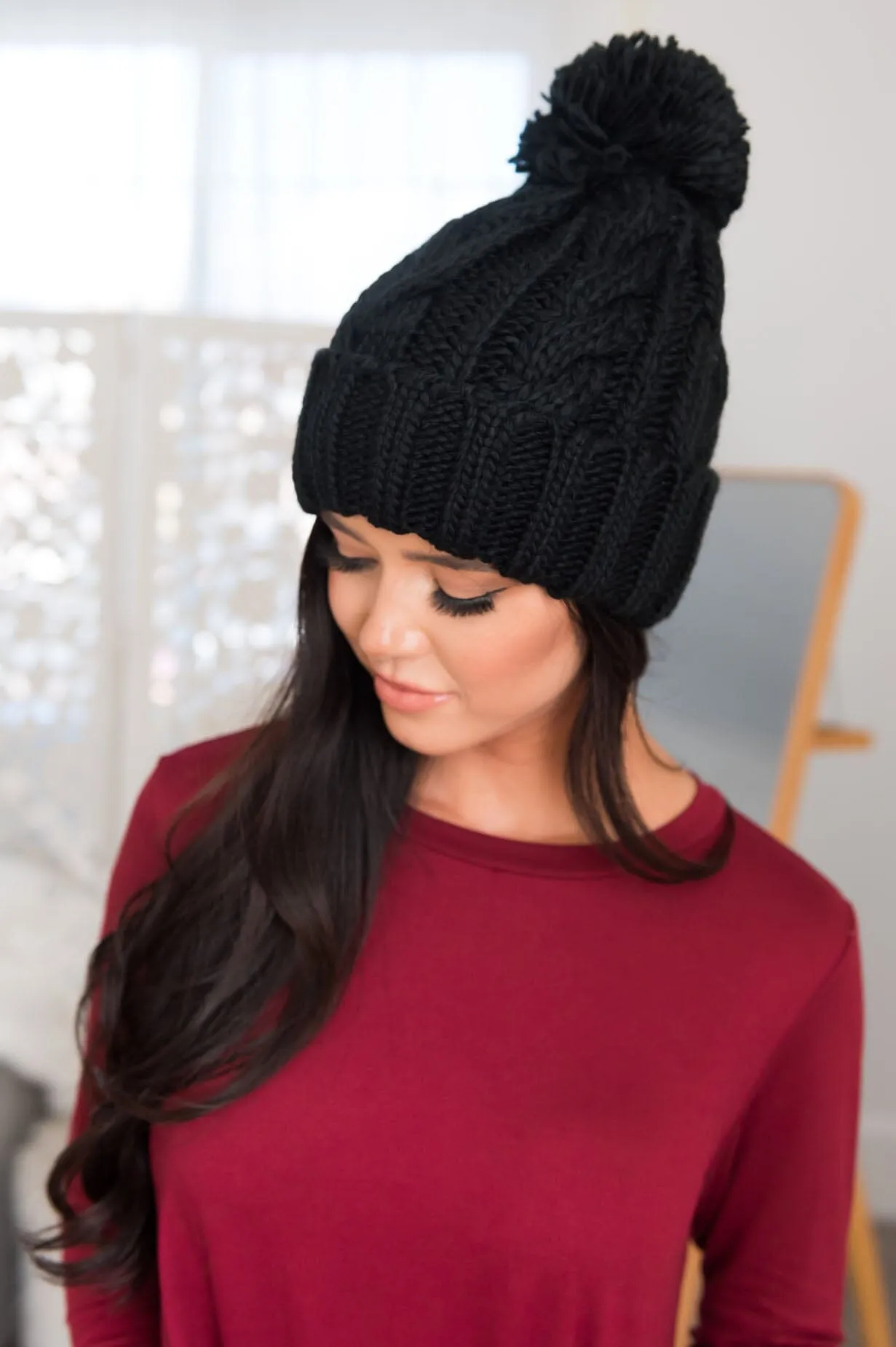 Sit By The Fire Cable Knit Pom Pom Beanie