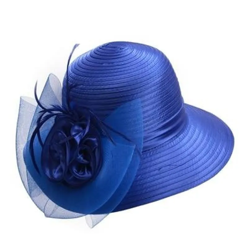 Solid Satin Feather Floral Wide Brim Sun Kentucky Derby Style Church Tea Party Floppy Hat