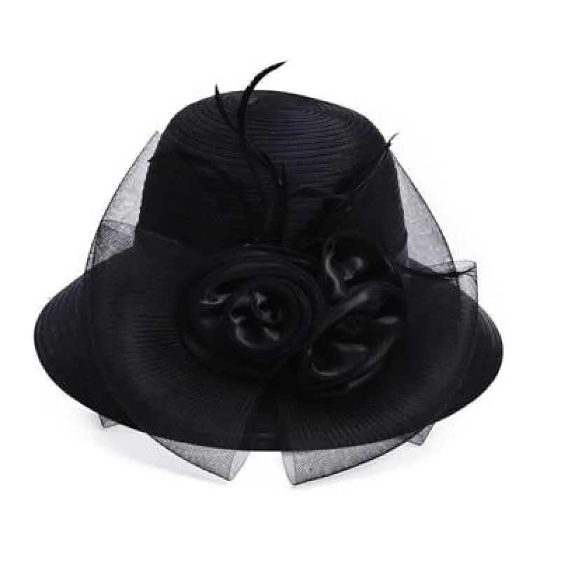 Solid Satin Feather Floral Wide Brim Sun Kentucky Derby Style Church Tea Party Floppy Hat