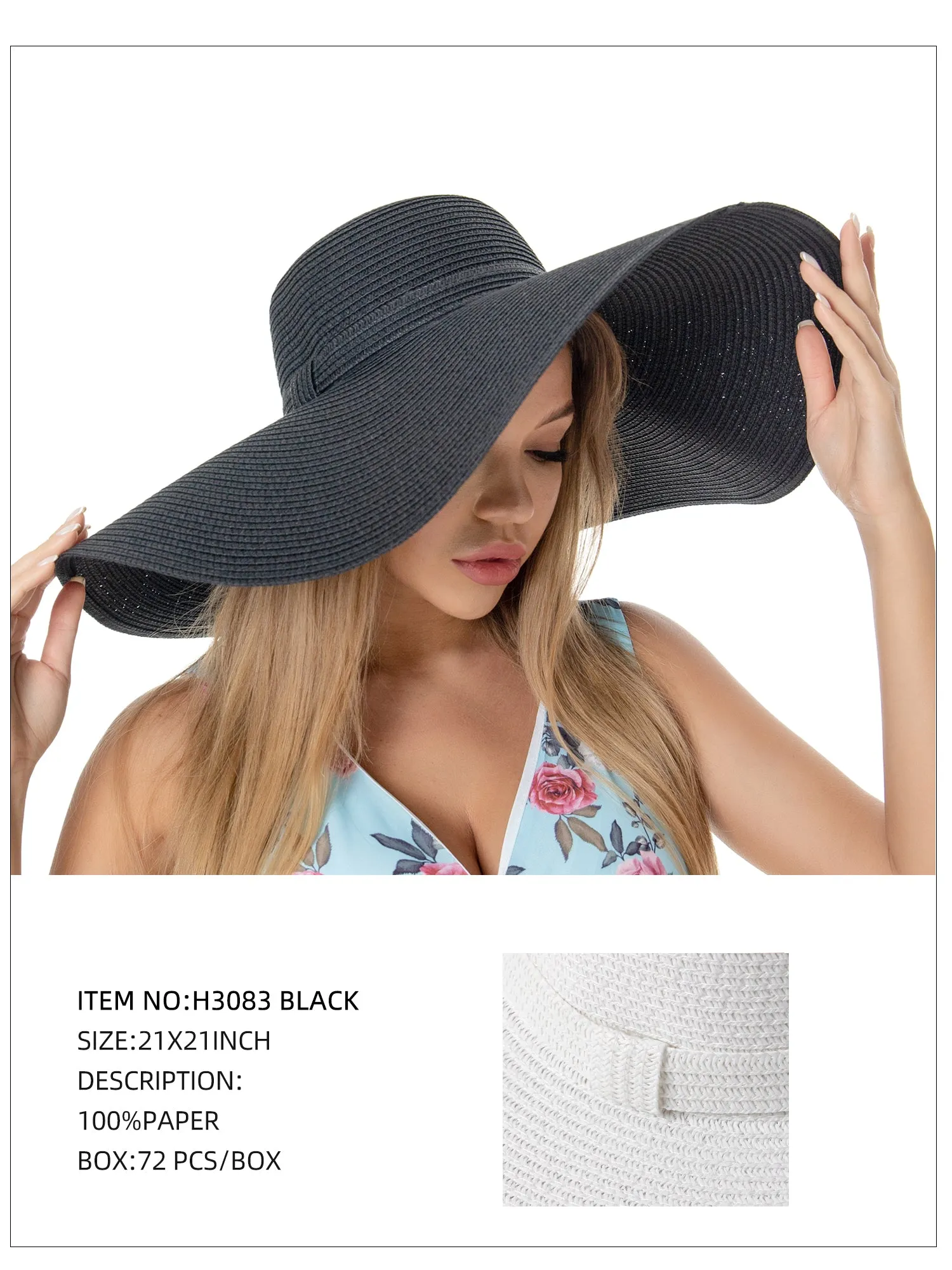 Wide Brim Straw Hat-Black