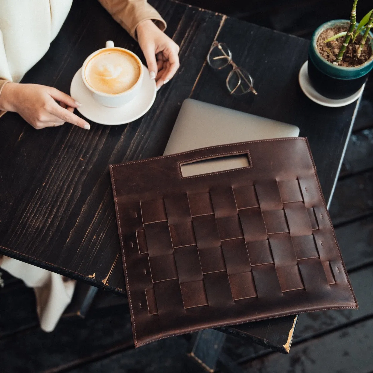 Woven Laptop Clutch in Walnut