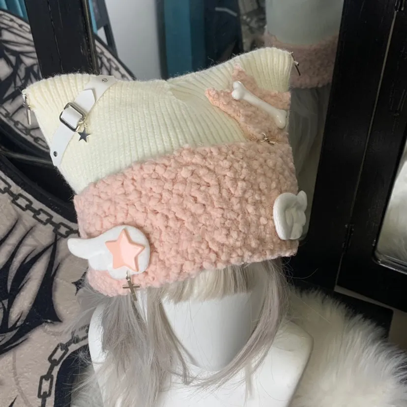 Y2K Star Cross Angel Wings White Cat Ear Knit Soft Pastel Blue Beanie