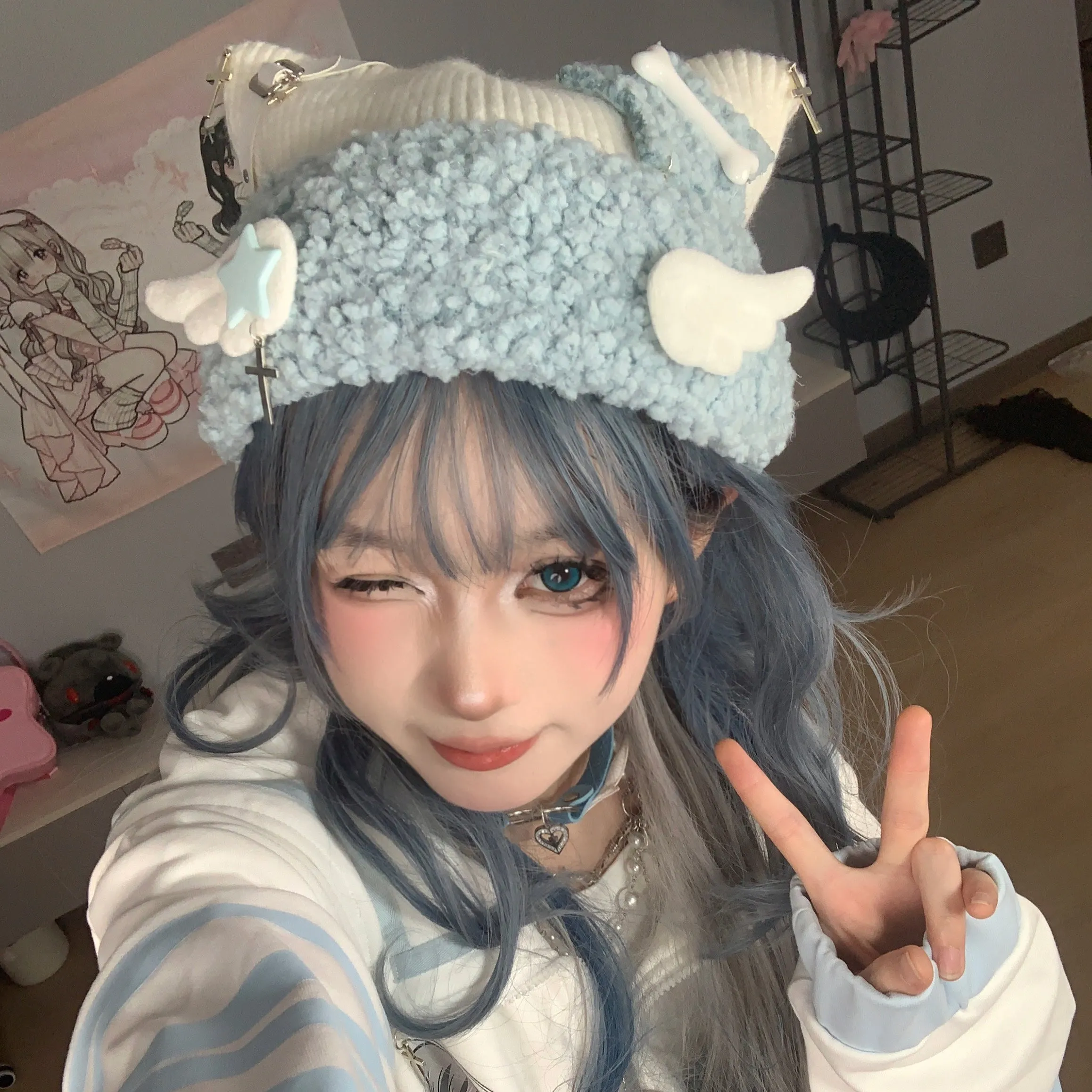 Y2K Star Cross Angel Wings White Cat Ear Knit Soft Pastel Blue Beanie